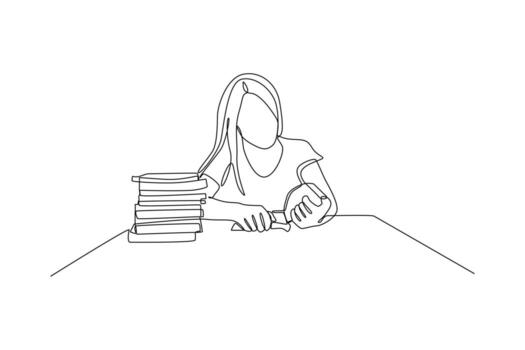 Single one line drawing happy student reading and preparing for examination. Education and leisure concept. Continuous line draw design graphic vector illustration.