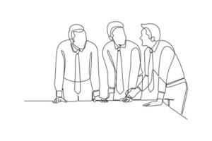 Single one line drawing working together, discussing business. Meeting of colleagues. Coworking, teamwork concept. Continuous line draw design graphic vector illustration.