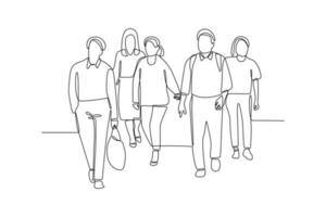 Continuous one line drawing concept of a crowd of happy people outdoors. Single line draw design vector graphic illustration.