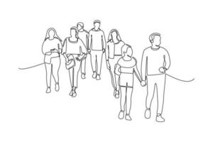 Continuous one line drawing concept of a crowd of happy people outdoors. Single line draw design vector graphic illustration.