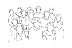 Continuous one line drawing concept of a crowd of happy people outdoors. Single line draw design vector graphic illustration.