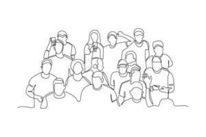Continuous one line drawing concept of a crowd of happy people outdoors. Single line draw design vector graphic illustration.