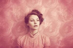 A vintage-inspired pink background with a sepia fil photo