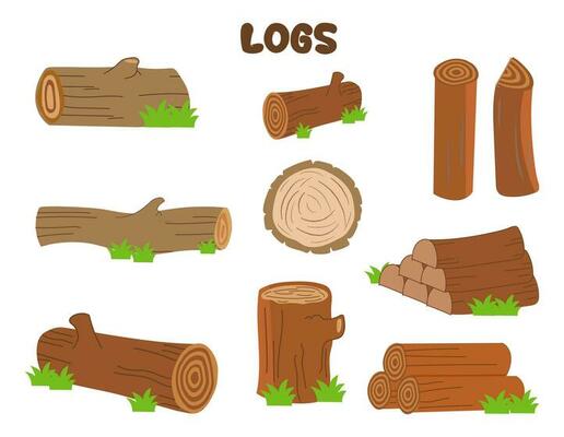 Cartoon Wood Logs, Wooden For Camping Bonfires. Trunks And Planks Set.  Wooden Bonfire, Logs Lumber Wood Logs And Tree Trunks, Logs, And Trunks Collection With White Background.