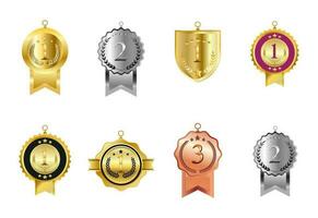 Set Of Trophy Or Awards And Medal For Winners Isolated Illustration Collection. Collection Of Golden, Silver, And Black Colors. Metal Symbols Icon Of Success, Championship, And Trophy Clip Art Design. vector