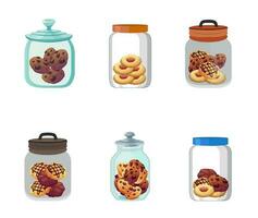 Best Cookie Jar Set Vector Illustration. Flat Clip Art Illlustration Vector Set Of Jars With Different Objects.  Canned Vegetables, Fish And Grass, Cookies And Candies, Colorful Premium Design.