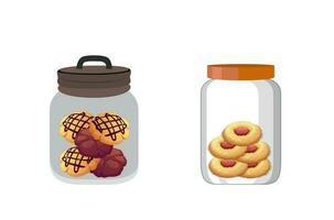 Best Cookie Jar Set Vector Illustration. Flat Clip Art Illustration Vector Set Of Jars With Different Objects. Canned Vegetables, Fish And Grass, Cookies And Candies, Colorful Premium Design.