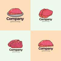 Four Different Logos For A  Cow Meat Business Logo Collection With Illustrations Vector Design, Premium Vector Logo With 3D Style Meat With Plate Design, And Restaurant Waguaa Logo Design.