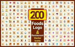 200 Plus Restaurant Foods Illustration Logo Collections, Premium Food Shop Products, And Badges Icon Collection For Food Market. Foods Cooking Elements With Hi-Quality Food And Drink vector