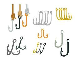 Best Vector Fishing Hooks For Hanging Lures Illustration Collections. isolate on white background.  Hook 2D Style Vintage Style Colorful Clip Art Isolated On White Background.