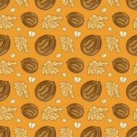 Vector seamless pattern of cartoon walnuts on a yellow background. The pattern is suitable for textiles and packaging
