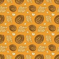 Vector seamless pattern of cartoon walnuts on a yellow background. The pattern is suitable for textiles and packaging