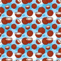 Seamless pattern with coconuts. Half a coconut. Summer walnut background. Wallpaper, print, wrapping paper, modern textile design, banner, poster. Vector illustration.