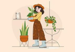 A young woman grows indoor plants. The girl is standing with a plant in her hands. Taking care of plants. Vector illustration in a flat style.