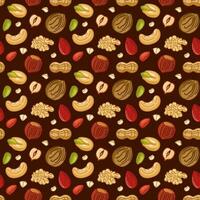 sin costura modelo con varios nueces en un oscuro antecedentes. Almendras, nueces, anacardos, pistachos, anacardos, miseria y avellanas. vector ilustración de orgánico sano comida en dibujos animados plano estilo.