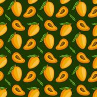 Seamless Mango pattern for a healthy lifestyle, drawn with a vector illustration on a green background. Can be used for decor, fabric, fashion, cafe, restaurant, fruit market and grocery.