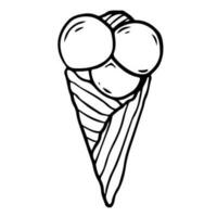 Hand drawn ice cream cone, doodle sundae in waffle. Sketch style vector illustration for cafe menu, card, birthday card decoration.