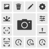 Camera icon vector design. Simple set of smartphone app icons silhouette, solid black icon. Phone application icons concept. Camera, photo gallery, edit, setting, share, filter, ratio icons set