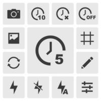 Camera timer icon vector design. Simple set of photo editor app icons silhouette, solid black icon. Phone application icons concept. Timer 5 seconds, 10 seconds, timer off, switch camera icons buttons