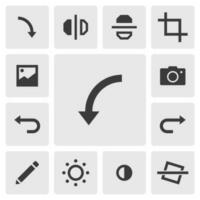 Rotate left icon vector design. Simple set of photo editor app icons silhouette, solid black icon. Phone application icons concept. Rotate left, right, flip, crop, edit, tilt, undo redo icons buttons