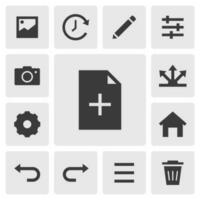 New file icon vector design. Simple set of smart phone app icons silhouette, solid black icon. Phone application icons concept. Add new file, gallery, menu, edit pen, adjust, filter, setting