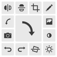 Rotate right icon vector design. Simple set of photo editor app icons silhouette, solid black icon. Phone application icons concept. Rotate left, right, flip, crop, edit, tilt, undo redo icons buttons