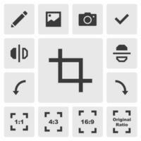 Rotate icon vector design. Simple set of photo editor app icons silhouette, solid black icon. Phone application icons concept. Edit, crop, flip, rotate, ratio icons buttons. Photo editor icon set