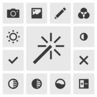 Smart edit icon vector design. Simple set of photo editor app icons silhouette, solid black icon. Phone application icons concept. Adjust, filter, magic wand, camera, gallery, color, edit buttons