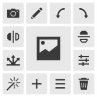 Gallery icon vector design. Simple set of photo editor app icons silhouette, solid black icon. Phone application icons concept. Camera, edit, rotate, flip, share, filter, adjust, delete icons buttons