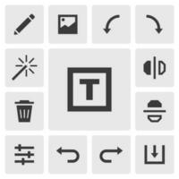 Add text icon vector design. Simple set of photo editor app icons silhouette, solid black icon. Phone application icons concept. Edit, gallery, rotate left, rotate right, flip, save, delete buttons