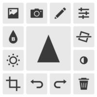 Sharpen icon vector design. Simple set of photo editor app icons silhouette, solid black icon. Phone application icons concept. Sharpen, blur, adjust, filter, saturation, crop, undo, redo buttons