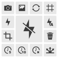 Flash off icon vector design. Simple set of smartphone camera app icons silhouette, solid black icon. Phone application icons concept. Flash off, flash auto, timer, switch camera icons buttons