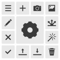 Setting icon vector design. Simple set of smartphone app icons silhouette, solid black icon. Phone application icons concept. Setting gear, menu, add, camera, share, upload, download, delete buttons