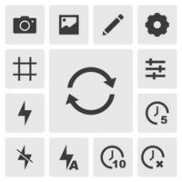 Switch camera icon vector design. Simple set of smartphone app icons silhouette, solid black icon. Phone application icons concept. Swap, reverse, refresh, adjust, setting, flash, timer buttons