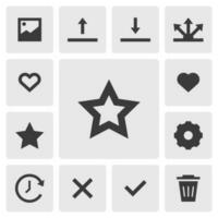 Favorite icon vector design. Simple set of smartphone app icons silhouette, solid black icon. Phone application icons concept. Favorite star, heart, gallery, share, setting, delete icons buttons