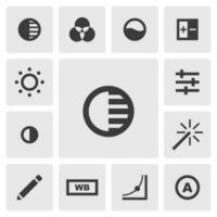 White icon vector design. Simple set of photo editor app icons silhouette, solid black icon. Phone application icons concept. White, shadow, color, saturation, brightness, contrast, filter buttons