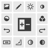 Exposure icon vector design. Simple set of photo editor app icons silhouette, solid black icon. Phone application icons concept. Photo gallery, edit, brightness, contrast, saturation icons buttons