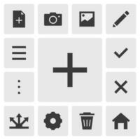 Add icon vector design. Simple set of smartphone app icons silhouette, solid black icon. Phone application icons concept. Add, menu, home, cancel, option, edit, delete icons buttons