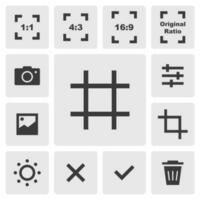 Grid icon vector design. Simple set of smartphone camera app icons silhouette, solid black icon. Phone application icons concept. Grid, crop, ratio, camera, adjust, gallery, delete icons buttons