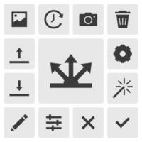 Share icon vector design. Simple set of photo editor app icons silhouette, solid black icon. Phone application icons concept. Gallery, recent files, camera, delete, upload, download, adjust, setting