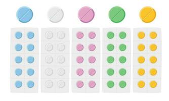 Medicine tablet clipart cartoon style. Multicolor round medical pills tablets flat vector illustration hand drawn doodle style. Medical drug, vitamin, antibiotic, aspirin. Hospital and medical concept