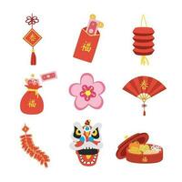 Chinese Lunar New Year vector set. Red envelope, lantern, peach blossom, firecracker, lion dance cartoon clipart, flat design. Chinese text means Spring, Good Luck