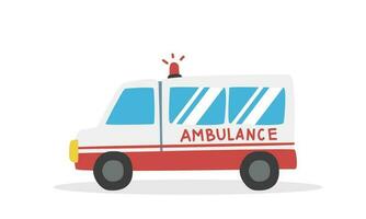 ambulancia clipart dibujos animados estilo. sencillo emergencia ambulancia coche plano vector ilustración mano dibujado color garabatear estilo. hospital, médico emergencia concepto