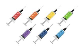 Syringe clipart cartoon style. Multicolor medical syringe with needle flat vector set illustration hand drawn doodle style. Hospital, medical, vaccination concept