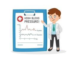 High blood pressure clipart cartoon style. Worried doctor showing the bad blood pressure result flat vector illustration hand drawn doodle style. Hospital, clinic, medical concept