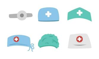 conjunto de médico sombreros clipart dibujos animados estilo. médico sombrero, enfermero sombrero, cirujano sombrero médico uniforme plano vector conjunto ilustración mano dibujado garabatear estilo. hospital cabeza uniforme. hospital y médico concepto