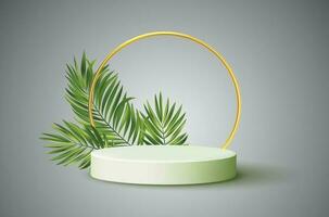 vector white product podium with green tropical palm leaves and a golden round arch on gray background