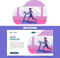 Healthy young women running with treadmill indoor training flat illustration for website landing page and banner vector