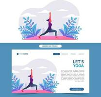 Young women doing yoga in nature for web landing page and banner vector