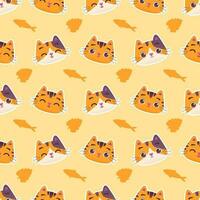 Cute colorful cat kitten with fish and catnip seamless pattern illustration vector